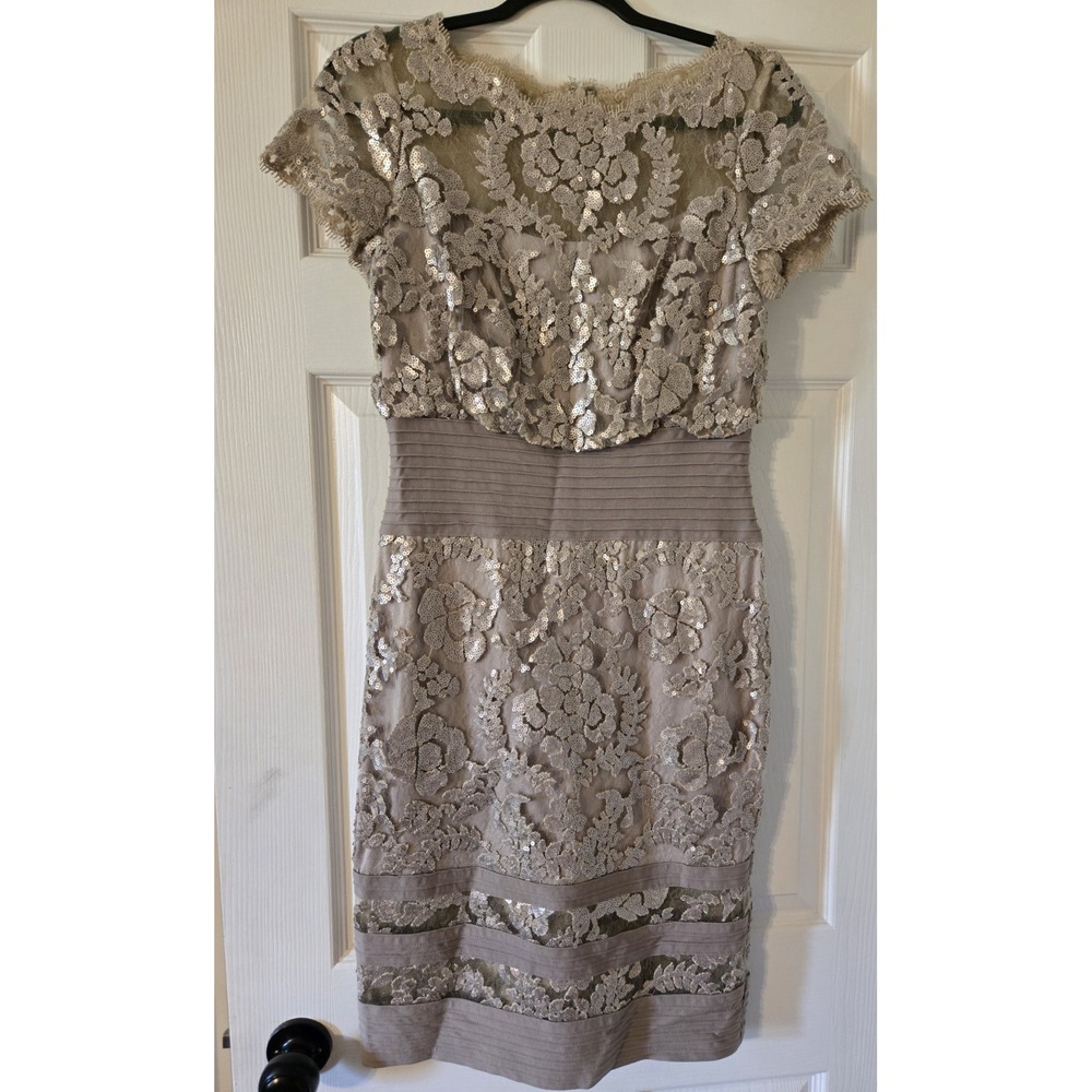 Tadashi Shoji‎ Sequin Lace Blouson Pintuck Illusion Sand Grey Dress